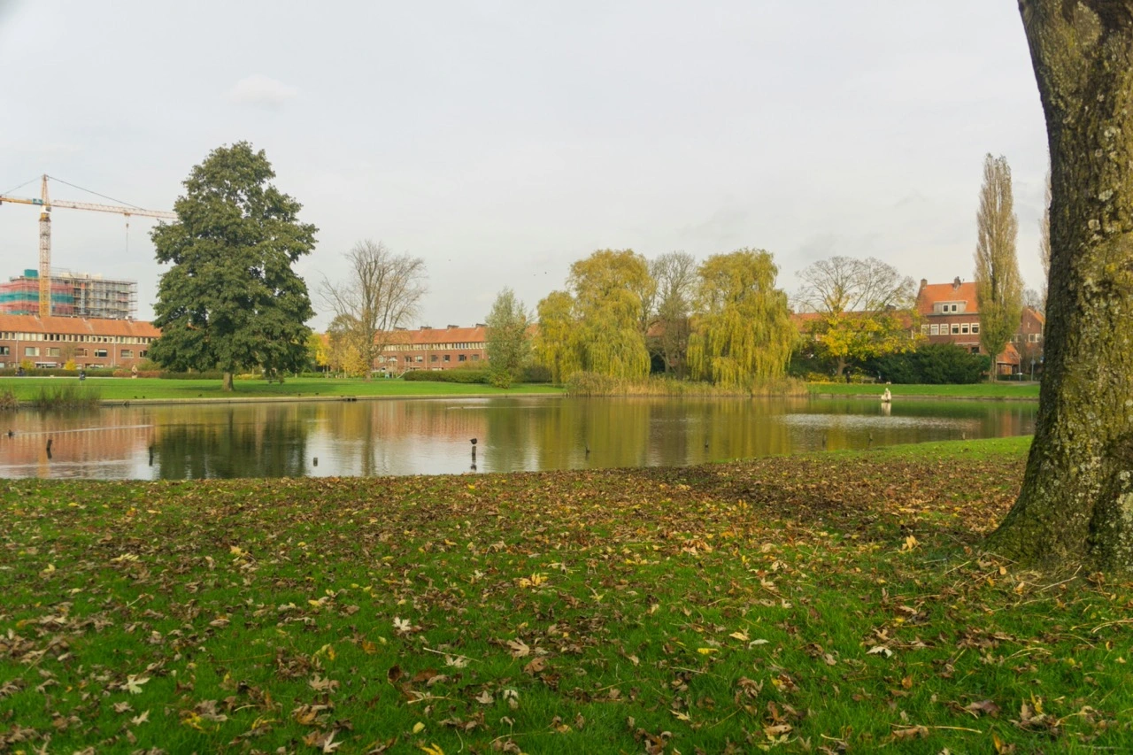 Kanaalpark in 's-Hertogenbosch, Netherlands. A calm canal edged with autumn trees, their leaves turning orange and gold, a footpath running alongside the water in still October light.